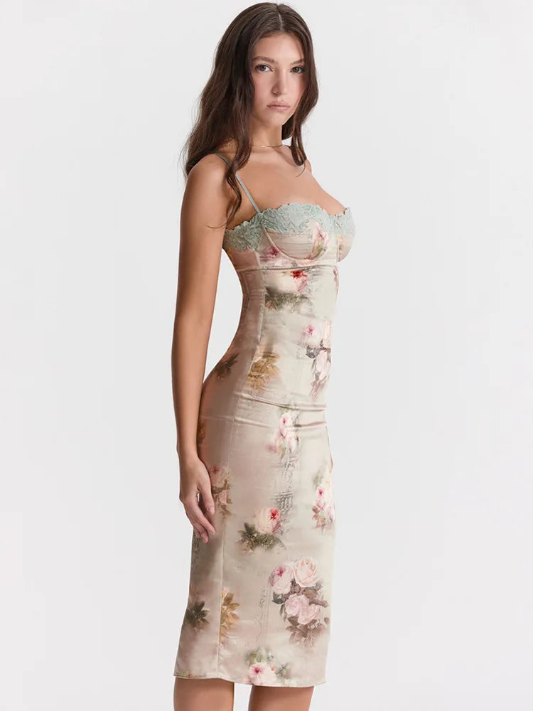Spaghetti Strap Lace Print Midi Dress for Robe Strapless Backless High Waist Bodycon Club Party Long Dress