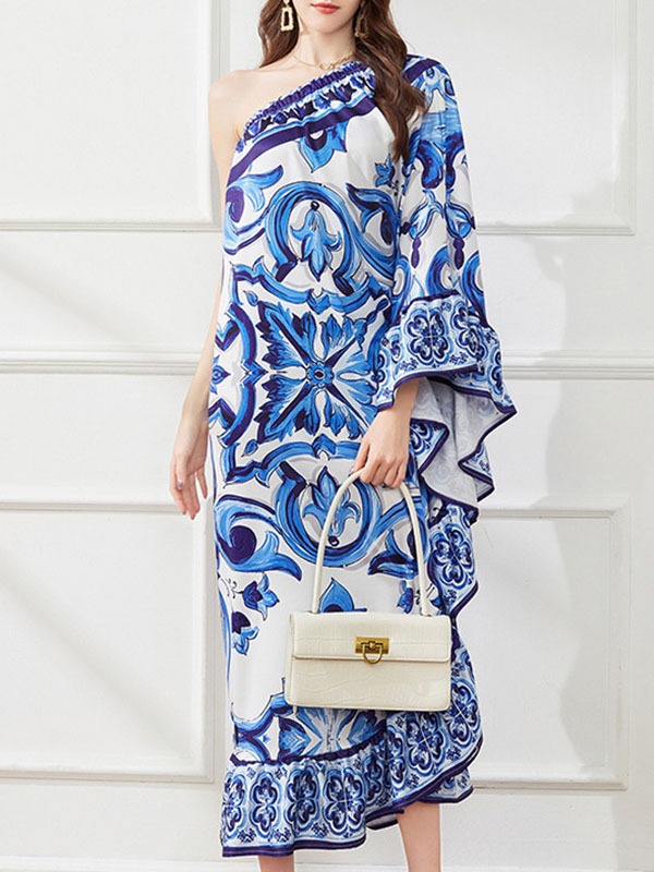 Batwing Sleeves Loose Asymmetric Falbala Printed One-shoulder Midi Dresses