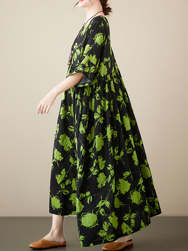 Loose Pleated Round-neck Midi Dresses
