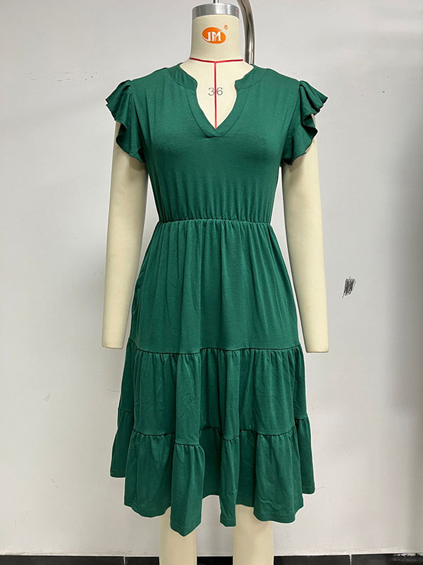 Loose Ruffle Sleeves Pleated Pockets Color Split-joint V-neck Midi Dresses