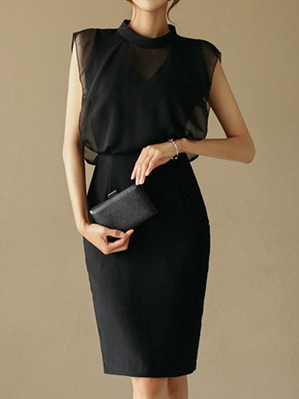 Loose Sleeveless Gauze Hollow See-through Split-joint Zipper Stand Collar Evening Dresses Midi Dresses