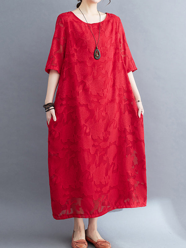Loose Three-quarter Sleeves Jacquard See-through Color Round-neck Midi Dresses