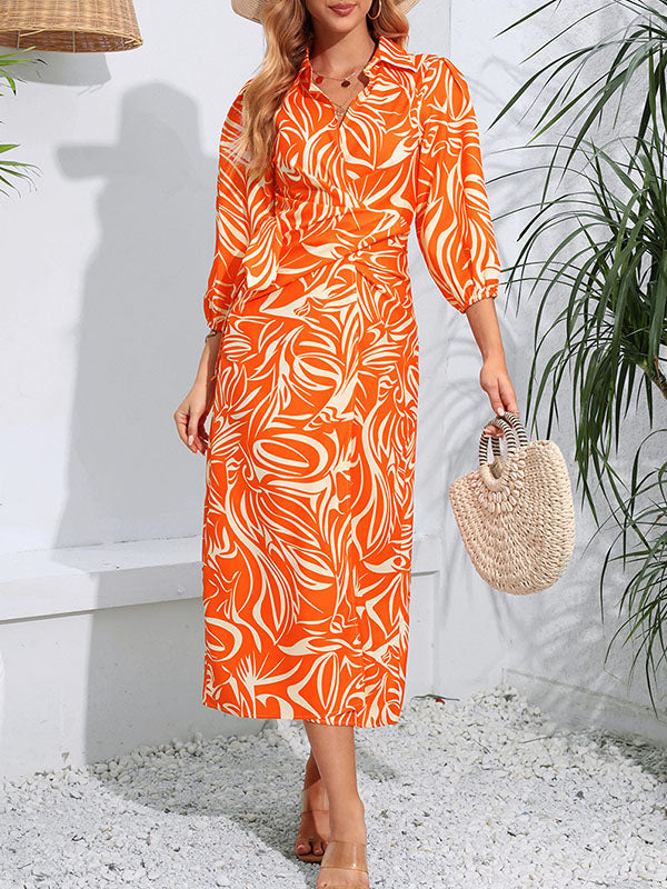 A-line High Waisted Elasticity Printed Tied Waist Lapel Midi Dresses Shirt Dress