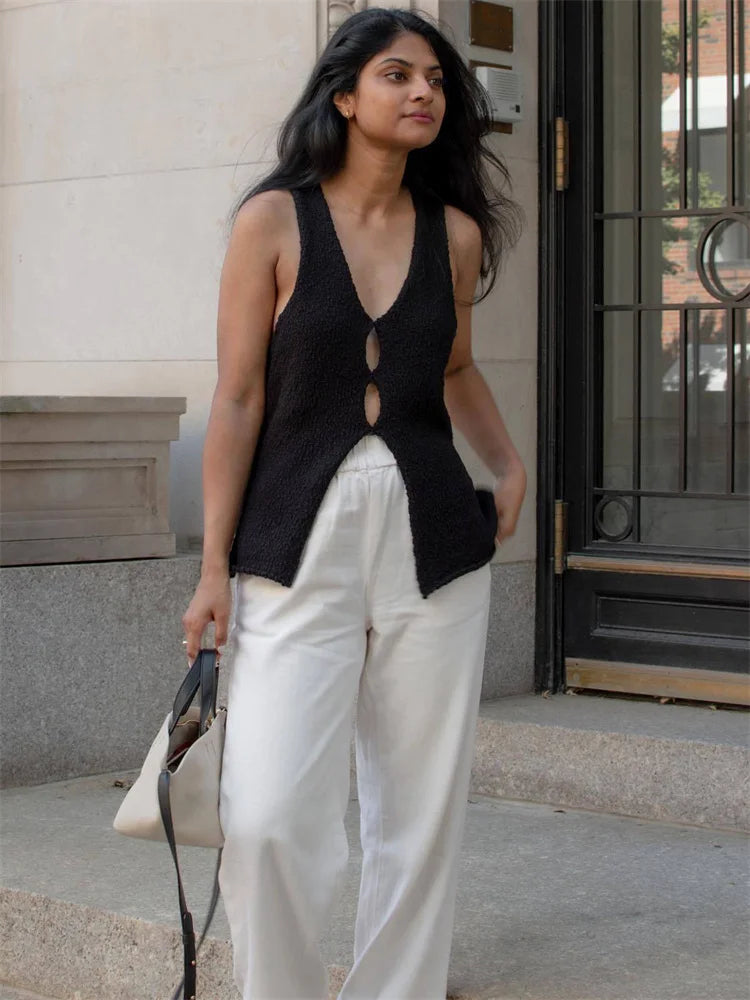 V-neck Sleeveless Knit Cardigan Sweater Hollow Out Female High Street Summer Vest Outfit for Knitwear Crop Top
