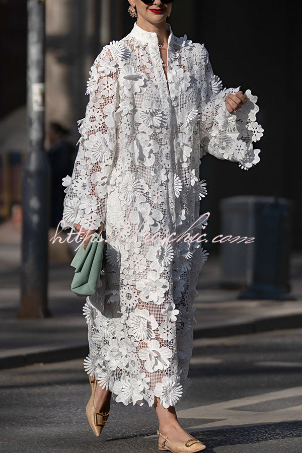 Color Hollow Embroidery Loose Long Sleeve Midi Dress