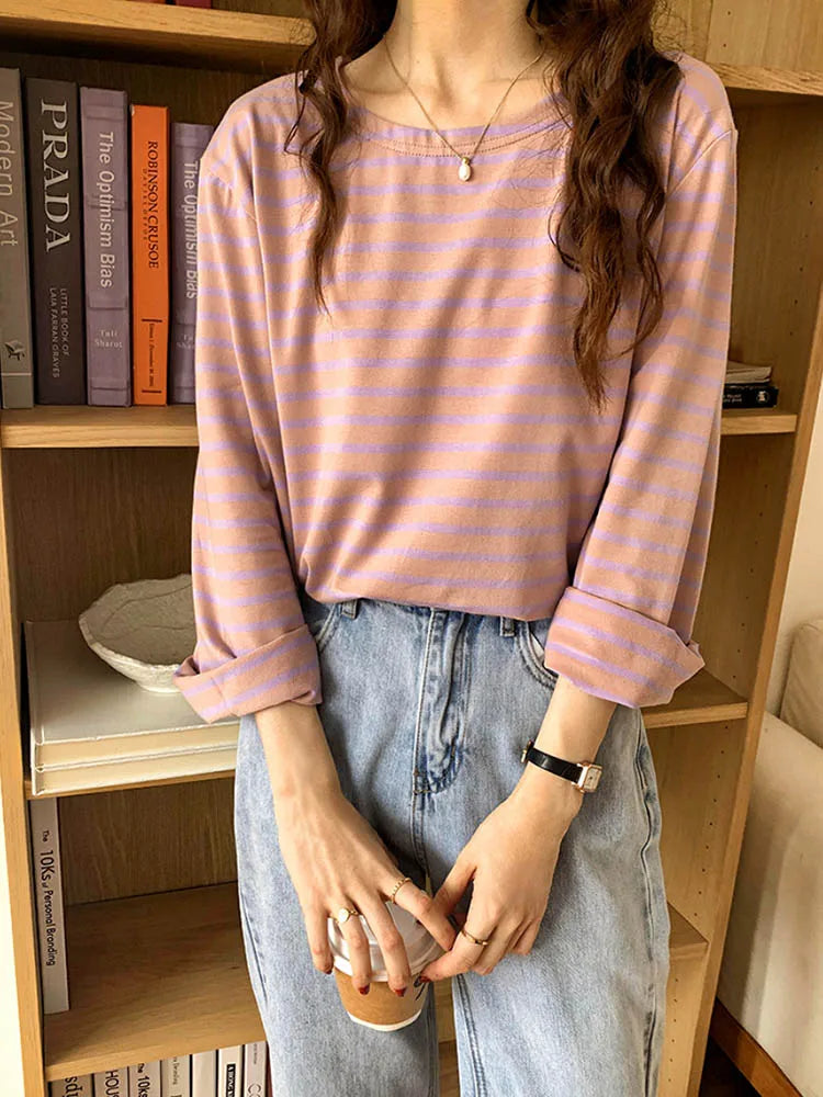 Korean Striped T-shirt Autumn Long Sleeve ’s Top Loose Cotton T-shirt Female Blue Orange S-xl