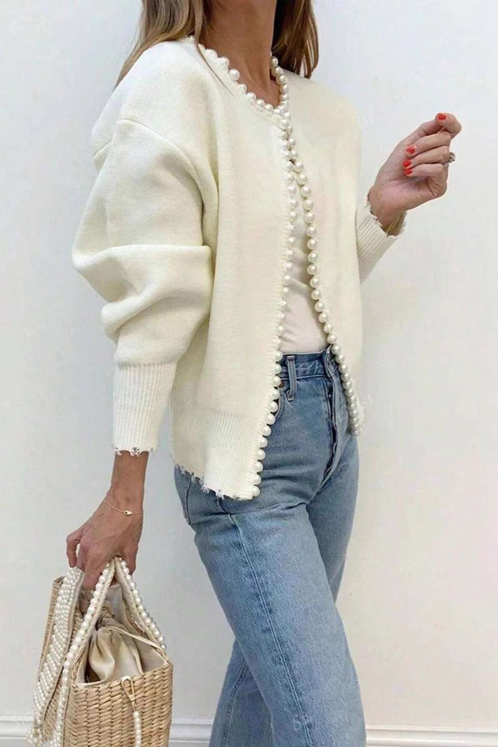 Pearl-trimmed Crew-neck Heavy-detail Knit Cardigan