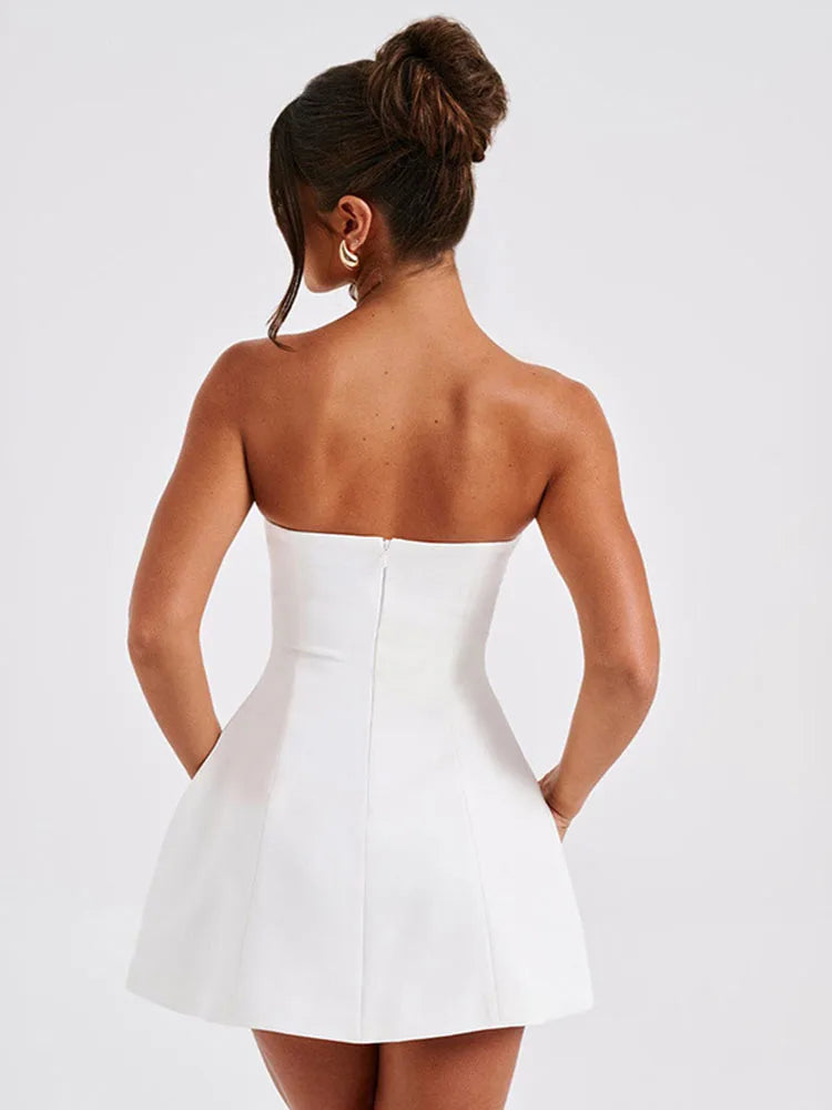 Summer White Mini Dress Female High Waist Patchwork Bandeau Backless Slim Party Dress Gown Dress New