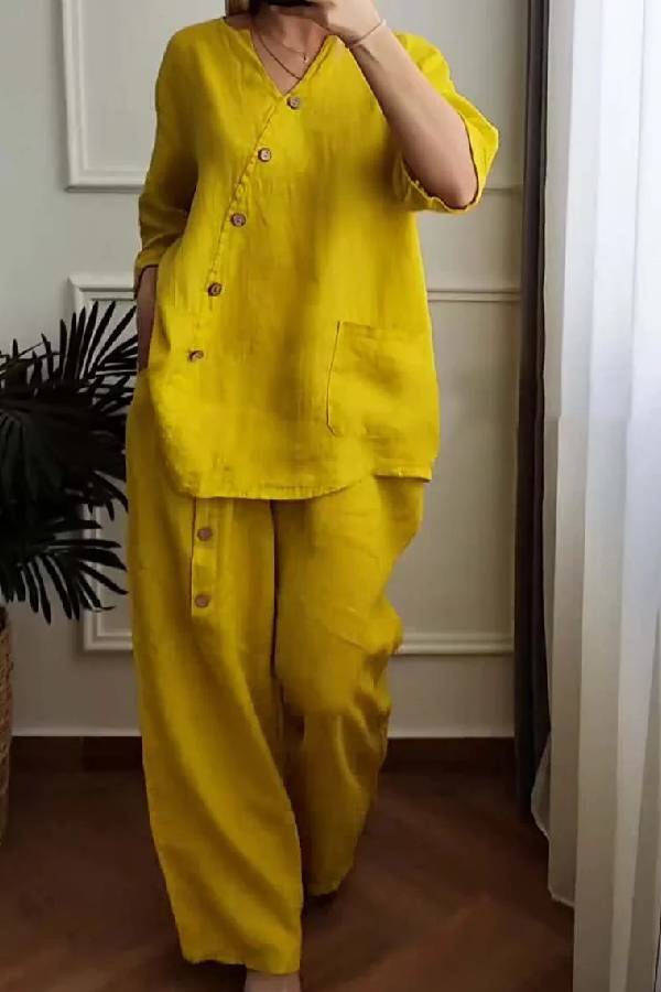 Color Cotton and Linen Cropped Top & Wide Leg Pants Two-piece Set