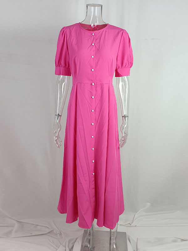 High Waisted Loose Buttoned Round-neck Midi Dresses