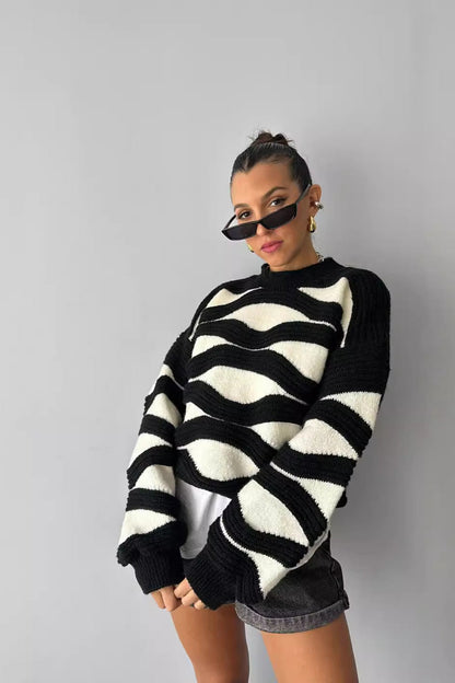 Knit Black White Stripe Round Neck Loose Sweater