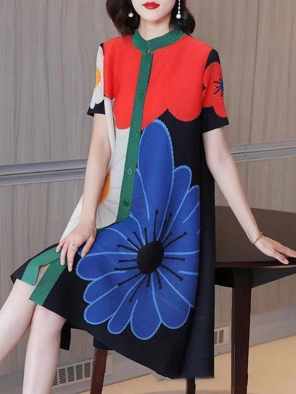 A-line Loose Buttoned Flower Print Pleated Round-neck Midi Dresses