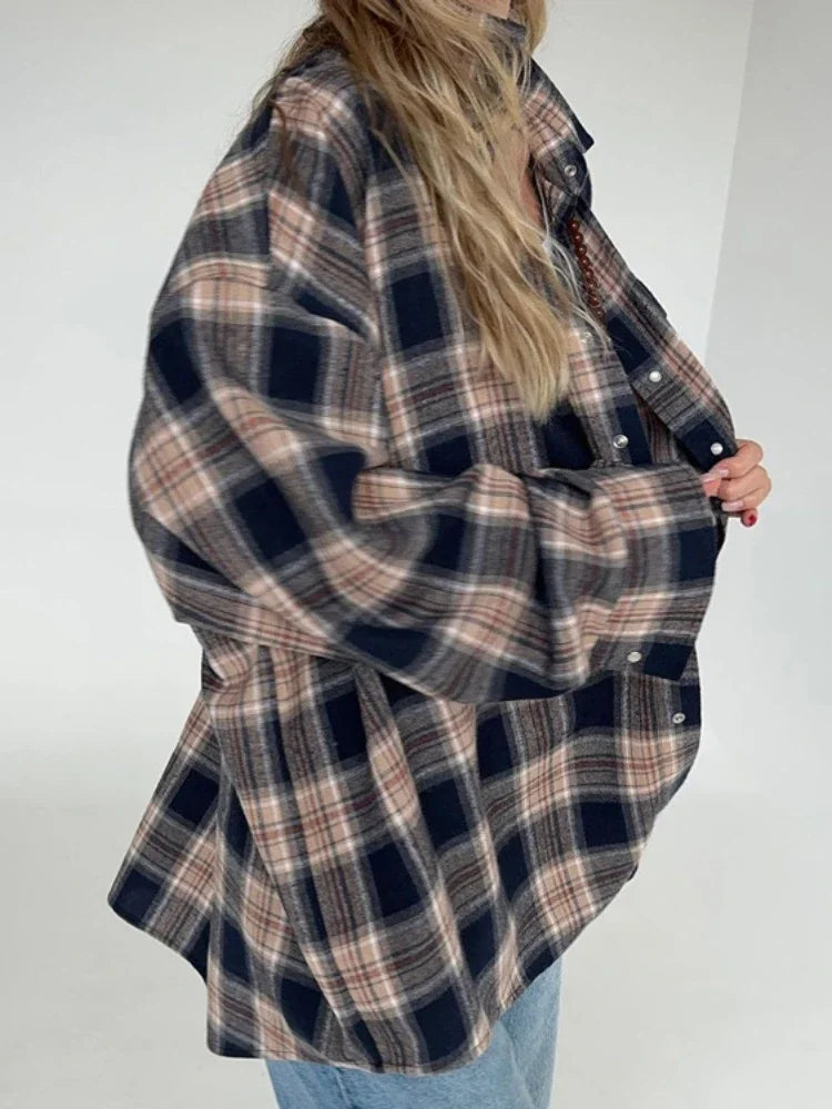 Retro Blouse Autumn Winter Loose Long Shirts Female Plaid Basic Street Cardigan Woman Clothing