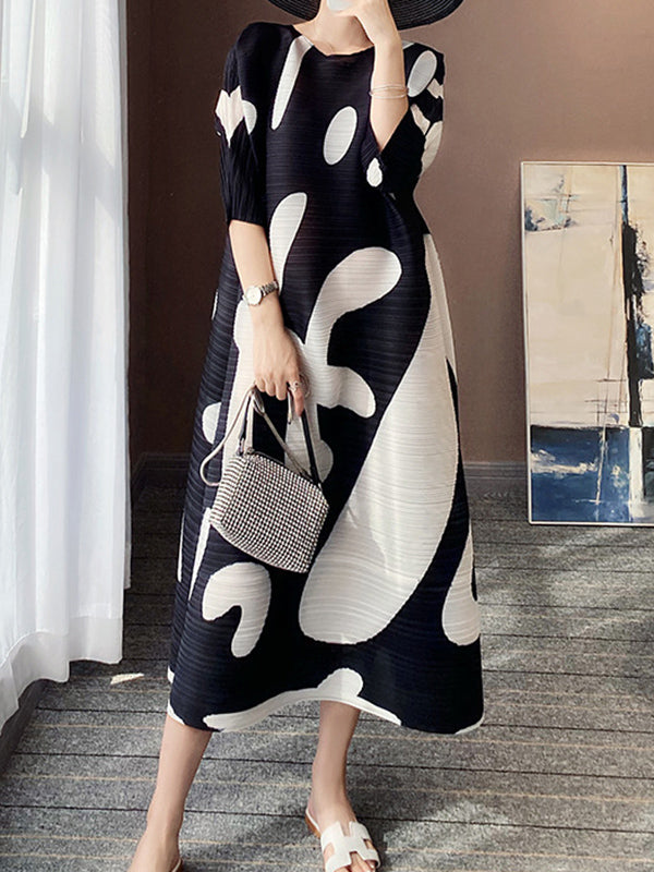 Loose Three-quarter Sleeves Pleated Printed Round-neck Midi Dresses