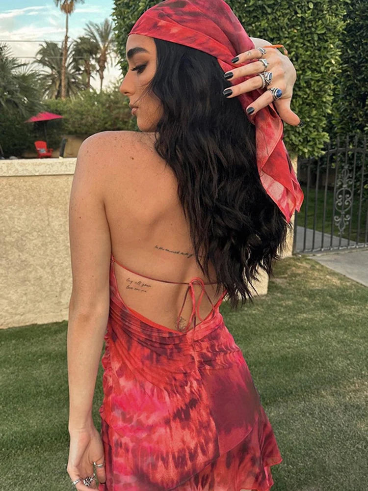 New Halter Neck Printed Dress for Hollow Backless Irregular Female Chiffon Folds Fungus Mini Dress