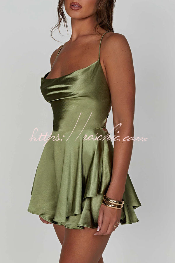 Ruffled Satin Strappy Satin Backless Lace Up Mini Dress