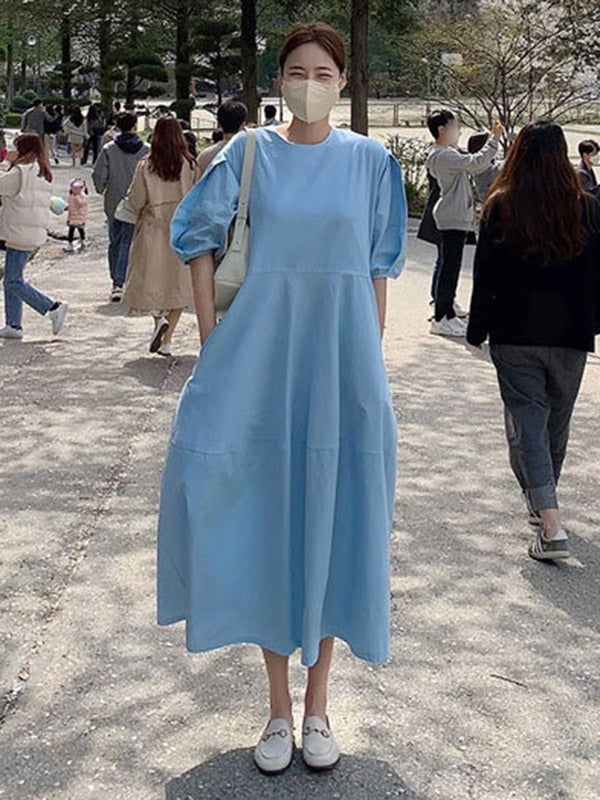 Round-neck Bishop Sleeve Loose Color Midi Dress