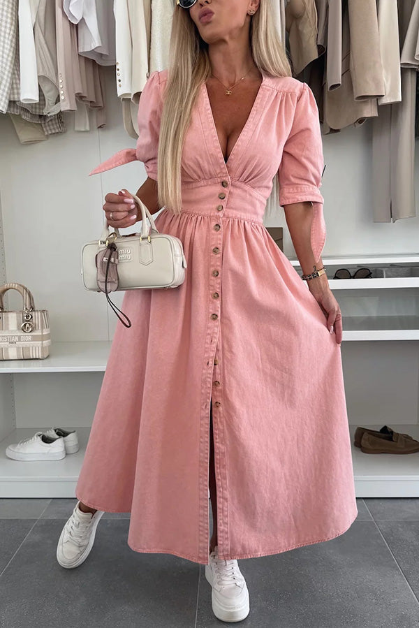 Color V-neck Button-down Denim Midi Dress