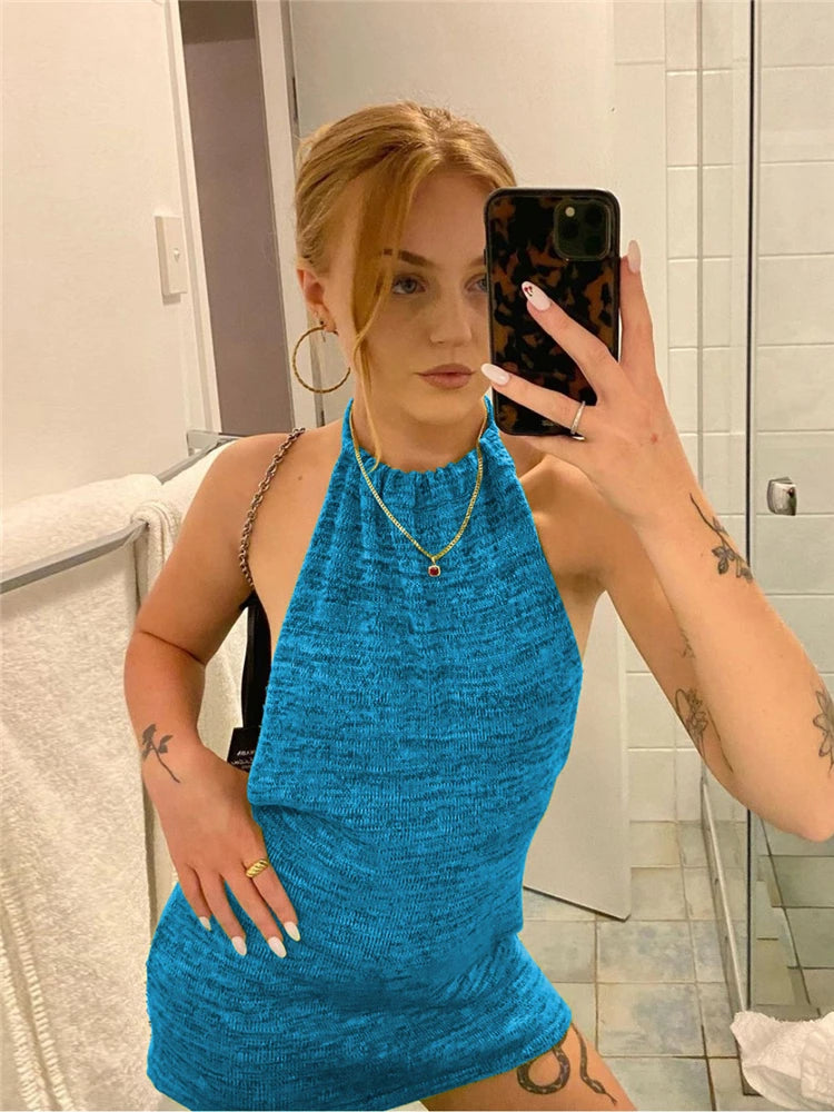 Halter Backless Dress Summer New Party Mini Dress Knitted Sleeveless Dress Holiday Beach Clubwear