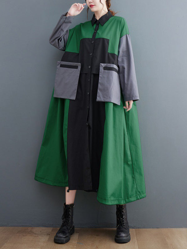 Loose Long Sleeves Contrast Color Polo Midi Dresses