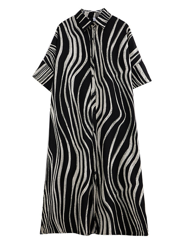 Raglan Sleeve Oversize Zebra-stripe Split-joint Lapel Midi Dresses Shirt Dress