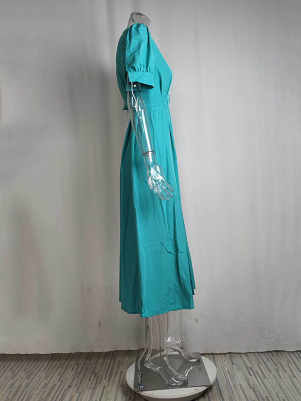 High Waisted Loose Buttoned Round-neck Midi Dresses