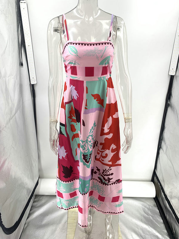High Waisted Sleeveless Pleated Printed Split-joint Collarless Midi Dresses Slip Dress