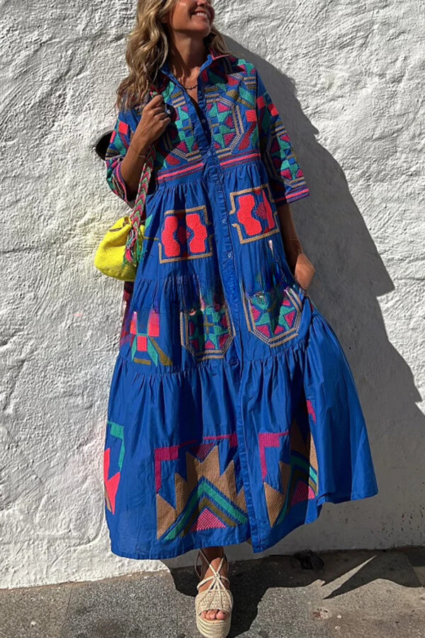 Take Me to Cabo Unique Print Button Loose Shirt Midi Dress