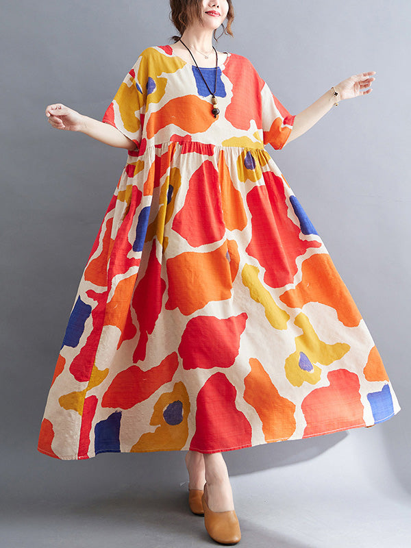 Artistic Retro Short Sleeves Loose Contrast Color Printed Round-neck Midi Dresses