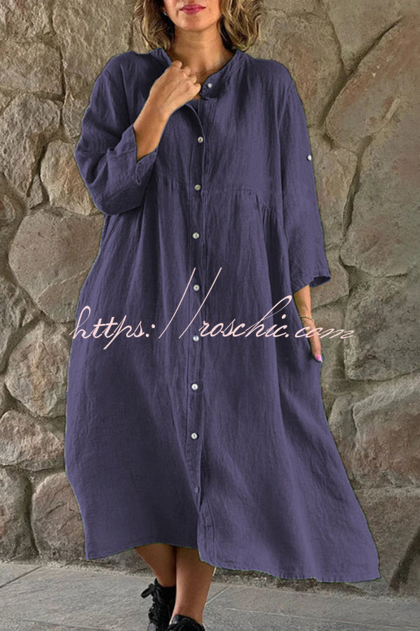 Mindful Cotton Blend Color Button Midi Dress
