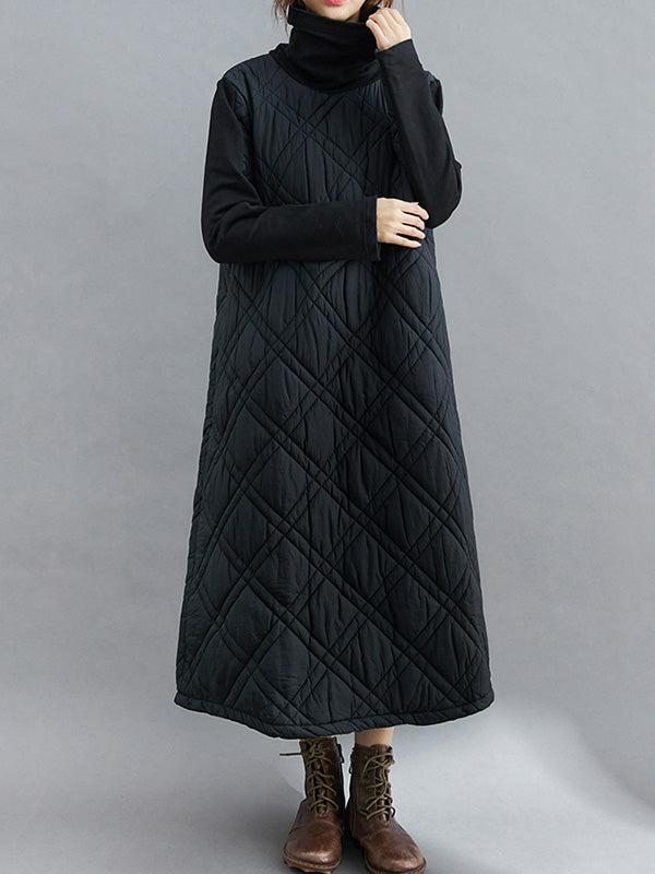 Simple Split-joint High-neck H-line Quilted Midi Dress