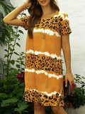 Loose Short Sleeves Leopard Round-neck Midi Dresses