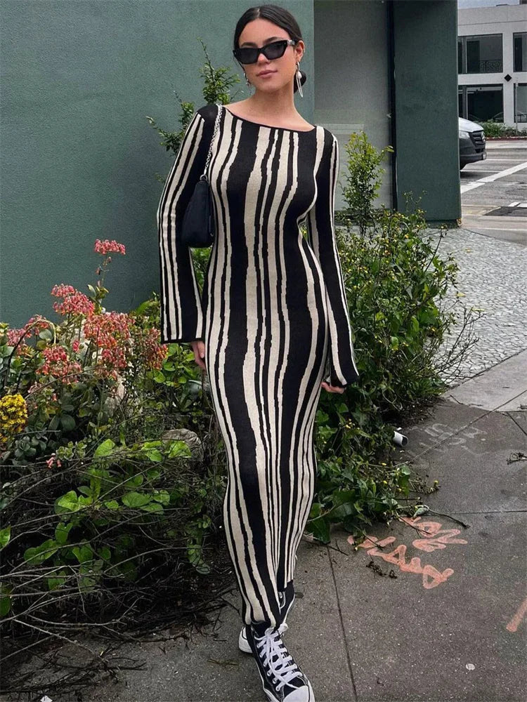 Knit Striped Wrap Dress for Contrast High Street Slim Long Dress Pullover Knitwear High Waist Dress