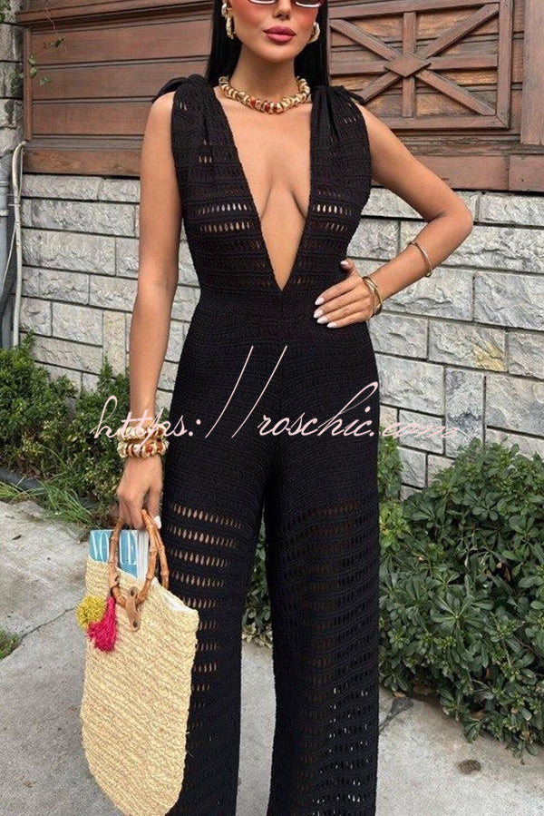 Color Knitted V-neck Holiday Hollow Jumpsuit