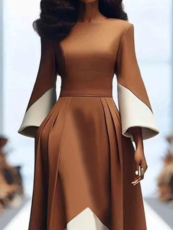 A-line Long Sleeves Contrast Color Pleated Pockets Split-joint High Neck Midi Dresses