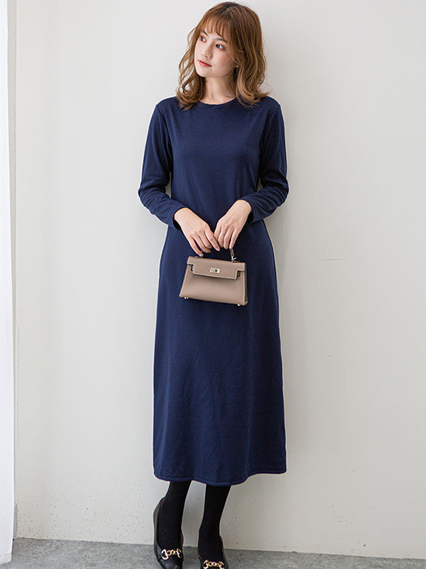 Simple Color Round-neck A-line Midi Dress