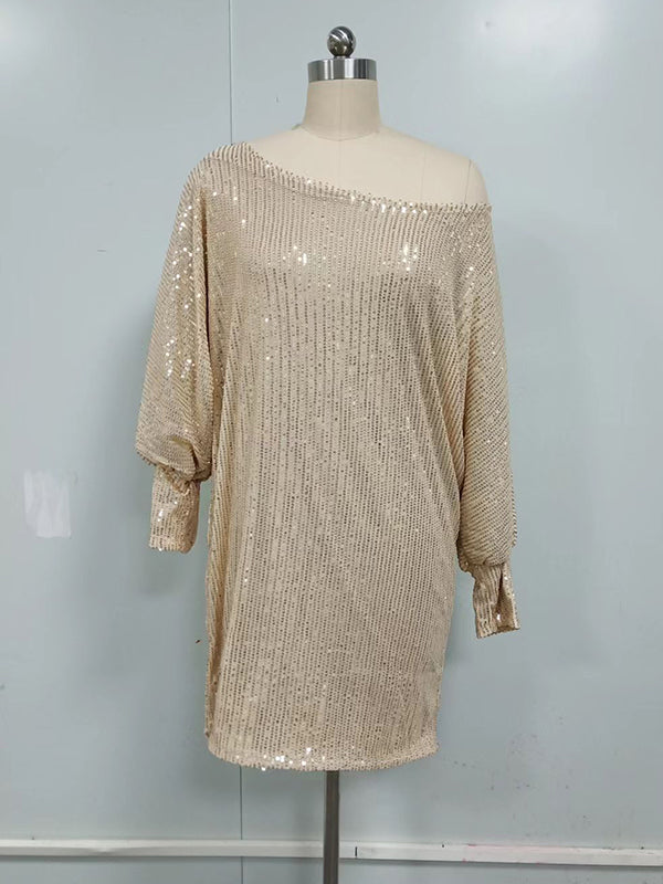 A-line Loose Asymmetric Sequined Color One-shoulder Mini Dresses