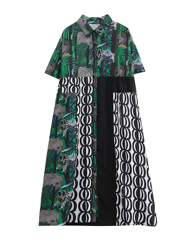 Short Sleeves Loose Printed Split-joint Lapel Midi Dresses Shirt Dress