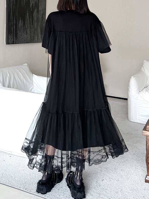 Fake Two-piece Loose Gauze Pleated Color Split-joint Tiered Round-neck Midi Dresses