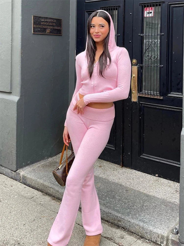 Spring Outfits Zipper Sweater Hoodie Set High Waist Flare Pants Suits Pink Knitted Y2k Two Piece Set