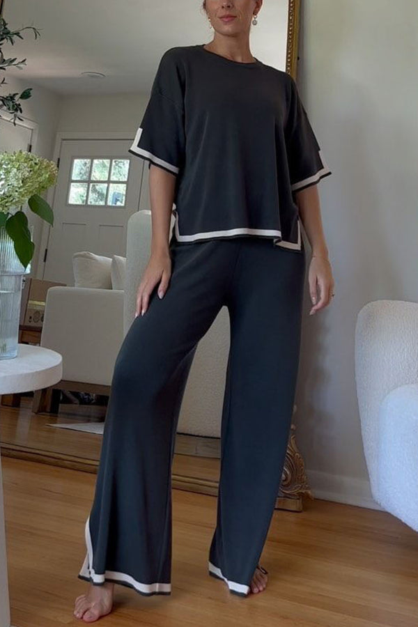 Lounge or Wear Knit Patchwork Color Block Short Sleeve Top and Elastic Wide Leg Pants