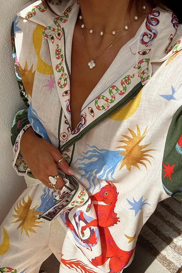 Beauty Unique Print Long Sleeve Loose Shirt and Elastic Waist Pants Set