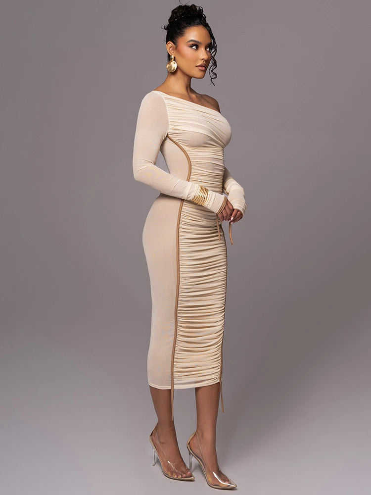Diagonal Collar Long Sleeve Midi Dress for Two Layer Mesh Backless Ruched Bodycon Club Party Long Dress