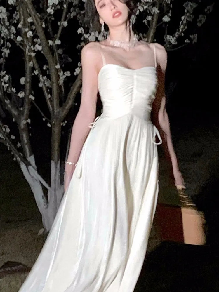 Shiny Midi Dresses for Evening Party Dress Prom Robe Summer New A-line Spaghetti Strap Vestido Mujer