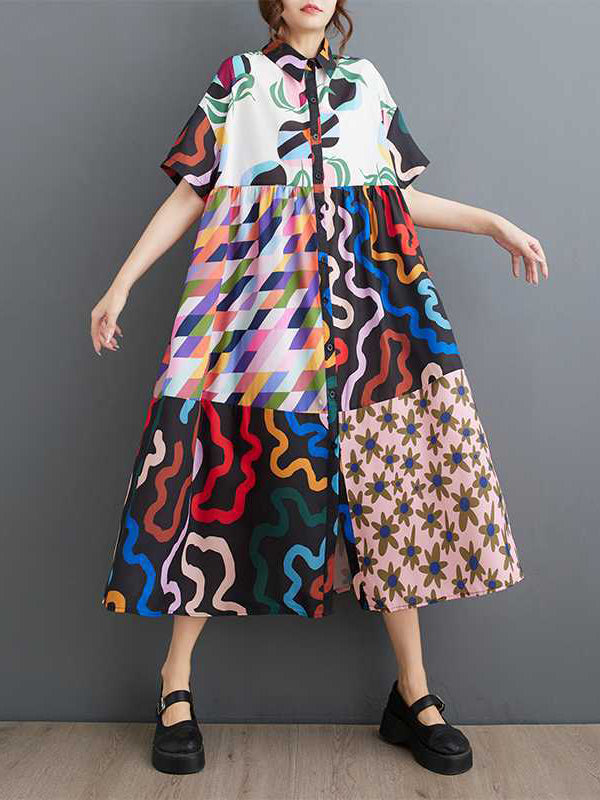 A-line Loose Buttoned Printed Split-joint Lapel Midi Dresses Shirt Dress