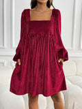 A-line High Waisted Pockets Color Split-joint Velvet Square-neck Mini Dresses