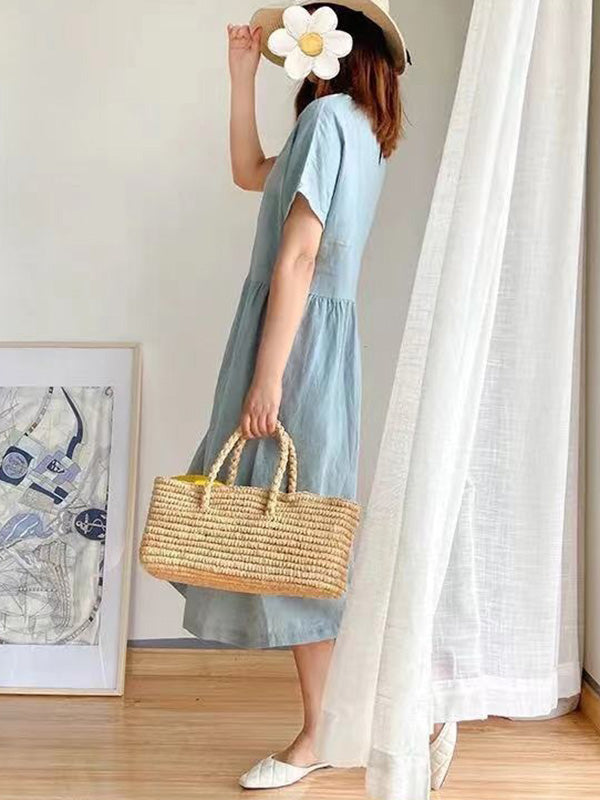 Loose Color Round-neck Midi Dresses