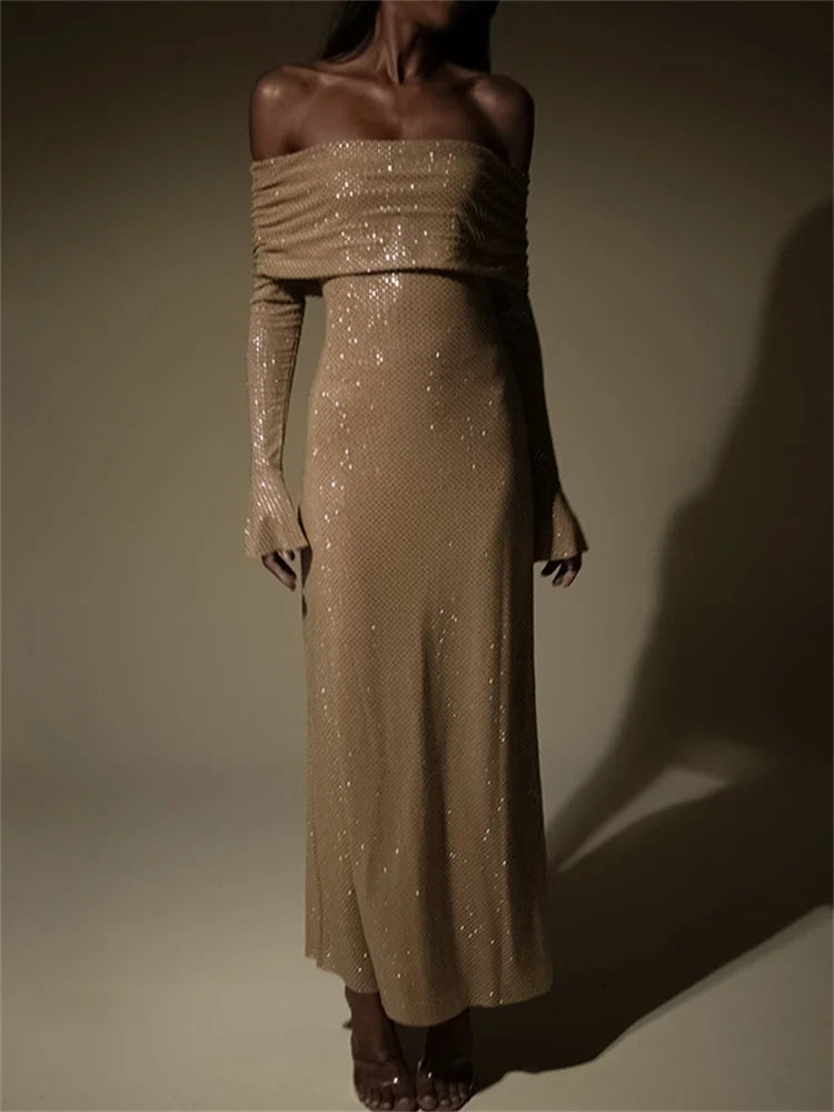 Sequin Maxi Dress Female Off-shoulder Pleated Slim Glitter Long Sleeve Backless Party Dress Gown