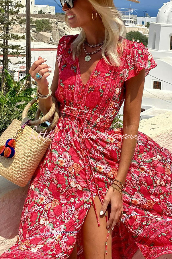 Summer in Greece Print Ruffle Sleeve Elastic Waist High-low Midi Dress