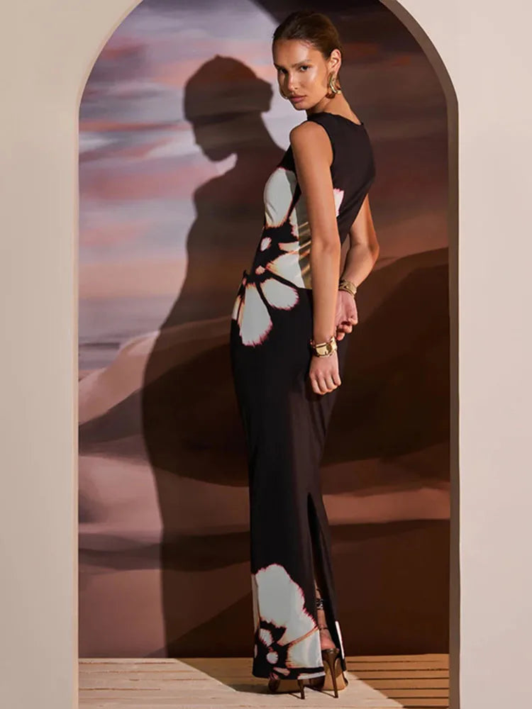 Hollow Out Printed Sleeveless Maxi Dress ’s Summer Slim High Waist Female Bodycon Long Dress New